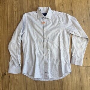 David Donahue Dress Shirt Mens 16 34/35 Light Blue Micro Grid Trim Fit Cotton